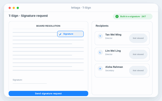 T-Sign — built-in e-signature, sign with clients 24/7
